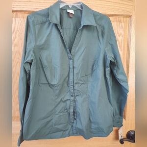 NWT Women's Sonoma Army Green Button Down Shirt, V-neck, Stretch Material,Fitted
